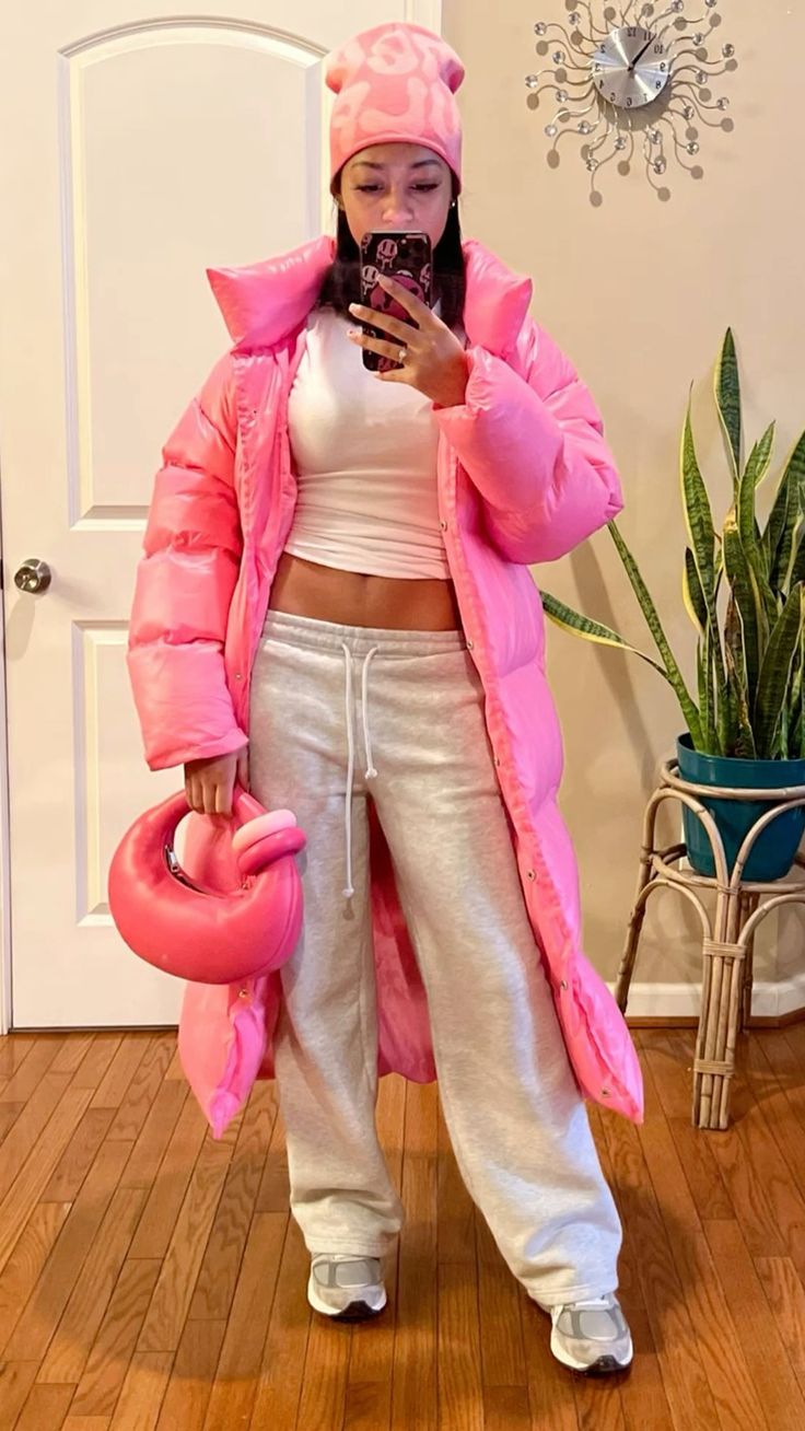 Cozy Pink Long Puffer and White Joggers